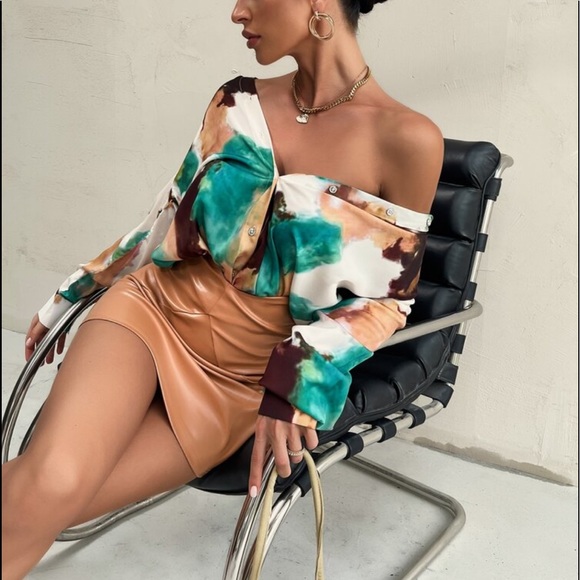 Luxe Satin Tie Dye Water Color Work Office Button Up Shirt Blouse Top - Picture 1 of 6